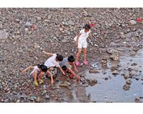 东岙渔村夕阳下拾海螺孩童