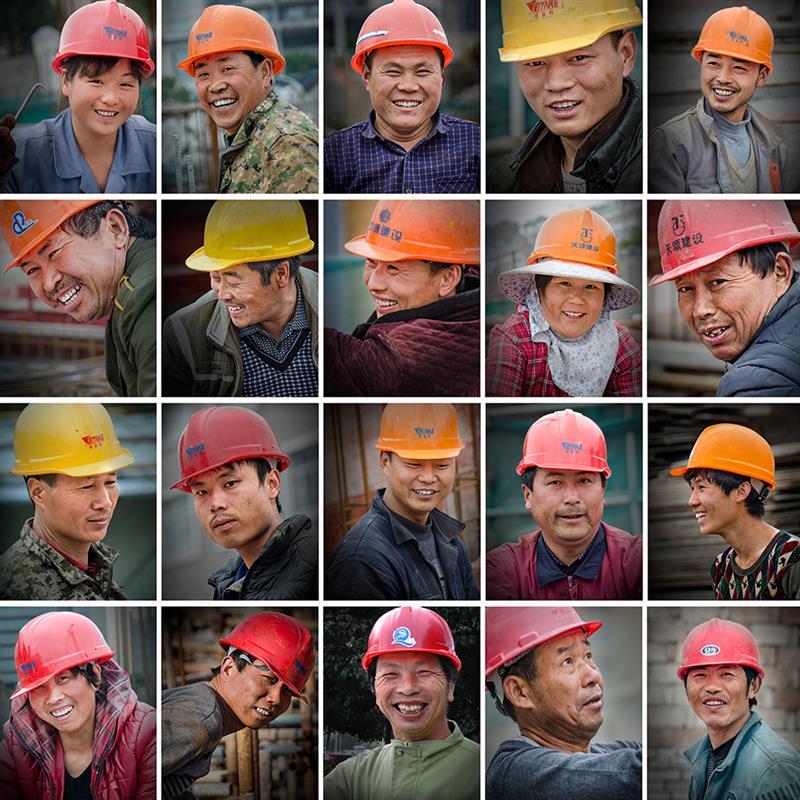 作品描述: 连续跟踪拍摄,分别选取众多建筑工人劳动瞬间的笑容,以特写
